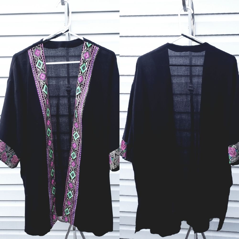 Vintage oversized handmade black tribal kimono
